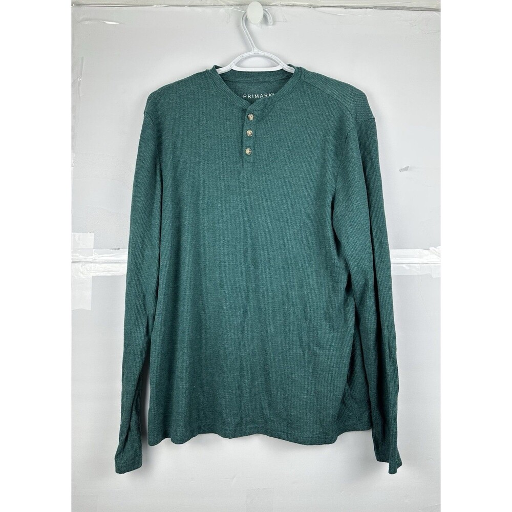 Primark Green Waffle Knit Henley Top Long Sleeve Button Placket Size XS